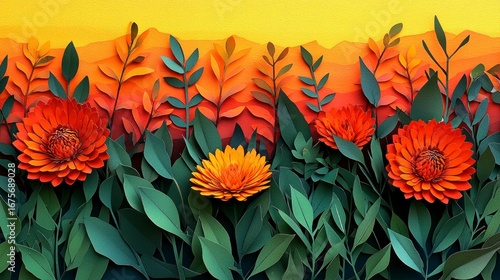 Festive Colorful Floral Cutout Collage with Bright Illustrations and Lush Greenery for Creative Projects and Advertisements
