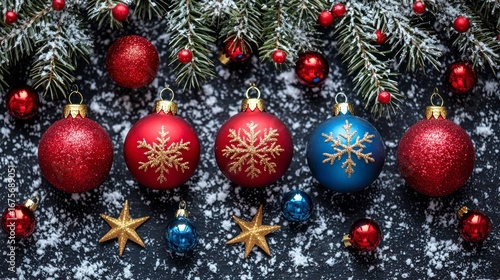 Festive Christmas Ornament Collage with Snowflakes and Decorative Stars on a Winter Background