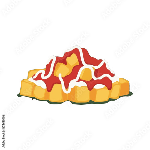 A colorful illustration of a heap of golden-yellow potato wedges, generously topped with a vibrant red sauce and a drizzle of white creamy sauce.