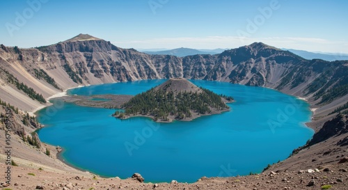 Intense Azure Waters of Crater Lake Surrounding the Volcanic Wizard Island