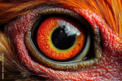 Close-up detailed image of a vibrant orange bird eye with textured red skin and surrounding feathers