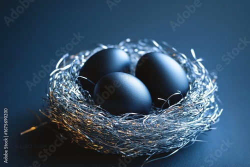three smooth dark eggs resting in a shiny silver metallic nest on a dark blue background conveying contrast and calmness