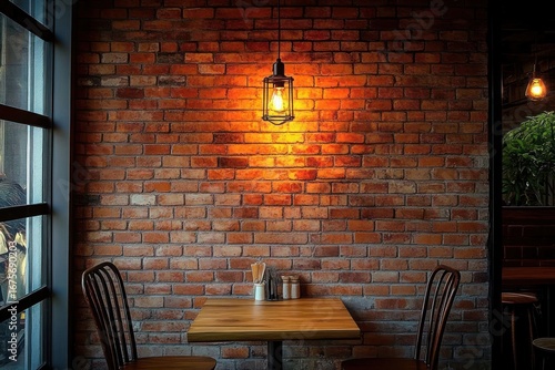 Cozy empty corner with wooden table and two metal chairs under warm hanging light on exposed brick wall beside large window