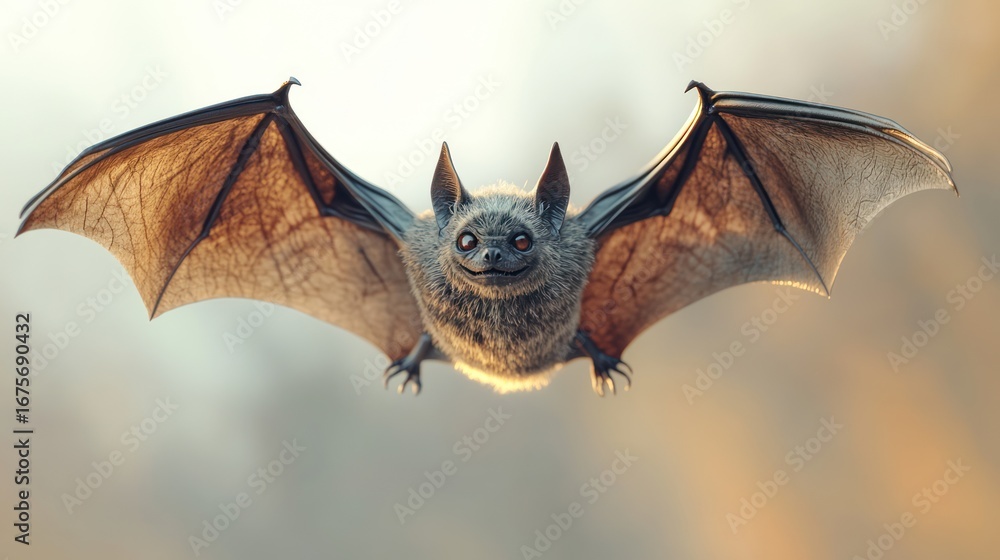 Obraz premium Cute bat flying in the air against soft background. Possible stock use wildlife