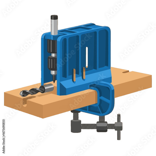 A woodworking jig precisely positions a drill bit for accurate hole creation in a piece of light-tan colored wood.