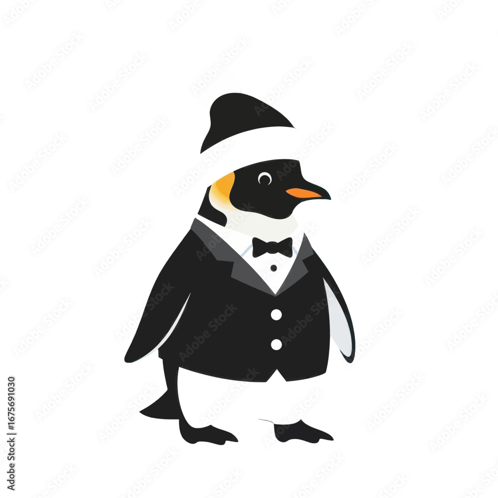 Fototapeta premium A penguin in a tuxedo and winter hat is presented against a plain black backdrop.