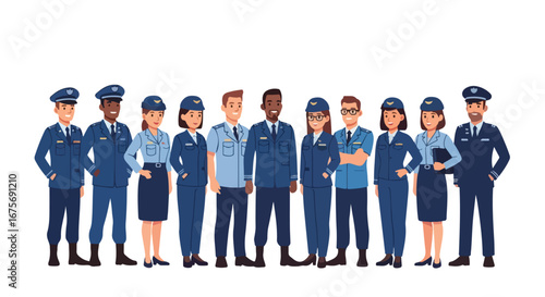 Diverse group of professionals in various uniforms standing together.