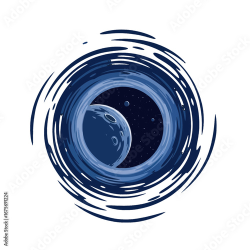 A stylized illustration of a cosmic wormhole, showcasing a celestial body, nebulae, and stars against a deep black backdrop.