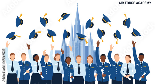 Diverse Group of Air Force Academy Cadets Celebrating Graduation.