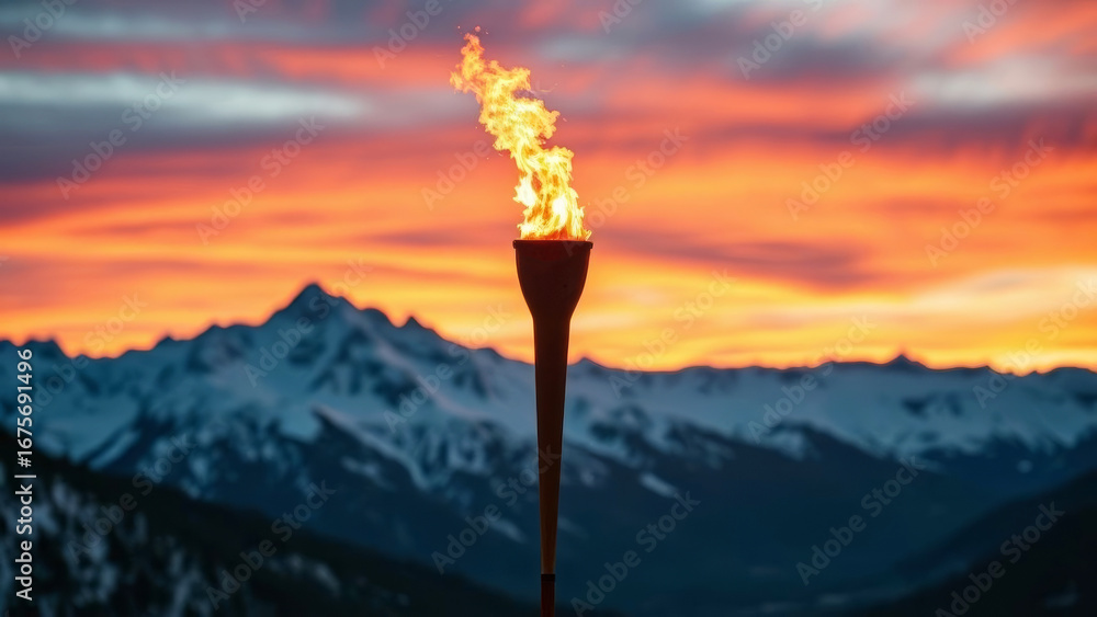 Obraz premium Olympic torch blazing against snowy alpine peaks, golden sunset illuminating winter sporting spirit during Italian Winter Games