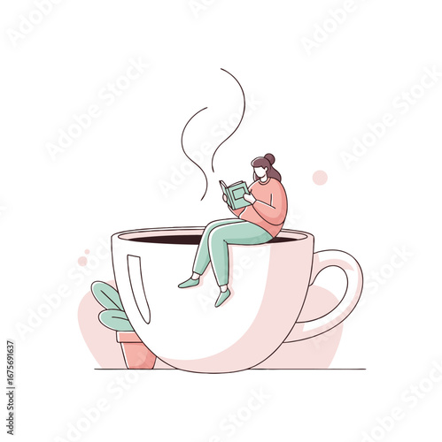 Relaxing on Coffee Cup, vector illustration 
