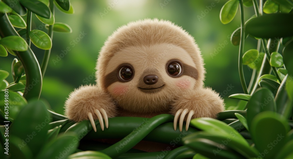 Obraz premium Cute animated baby sloth peeks out from lush green vines, looking charmingly into the viewer's eyes
