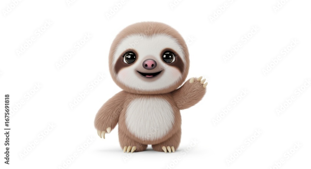 Obraz premium Cute animated sloth waving its hand, with fluffy fur and big eyes, isolated on a bright white background