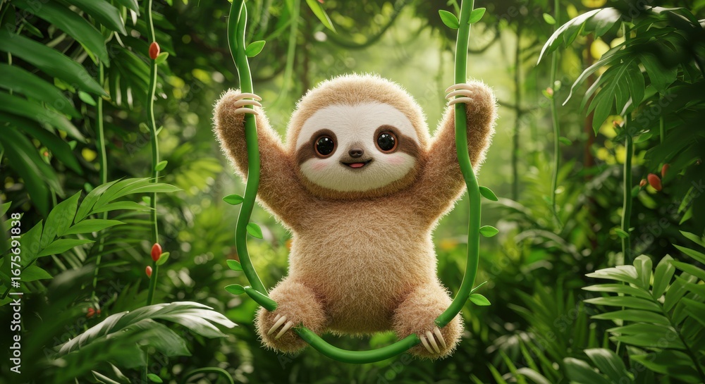 Obraz premium Cute, animated sloth hangs on a vine in a bright jungle setting with dense leaves and red berries in the background