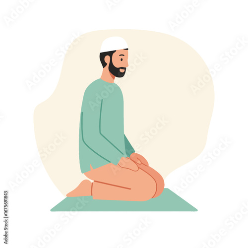Muslim man praying on a mat in a kneeling position.