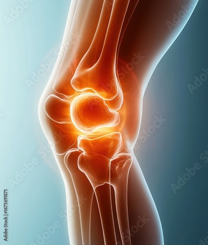 Detailed digital rendering of a human knee joint showing bones and cartilage with highlighted inflammation areas in a translucent anatomical view