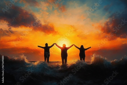 Three silhouetted figures standing on turbulent waves holding hands with arms raised against a vibrant orange and blue sunset sky