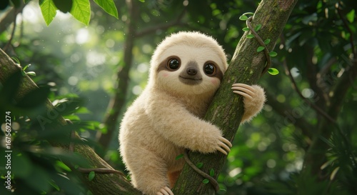 Cute, fluffy sloth clinging to tree branch with green leaves, jungle backdrop, soft lighting, charming scene