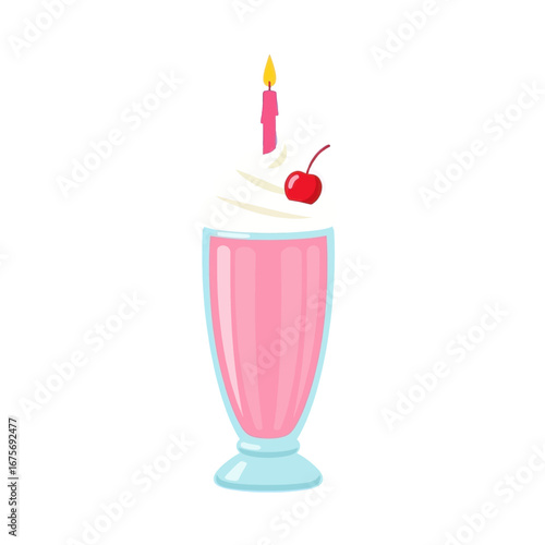 A vibrant, cartoon-style illustration of a tall glass of pink milkshake topped with whipped cream and a cherry, and a single candle.