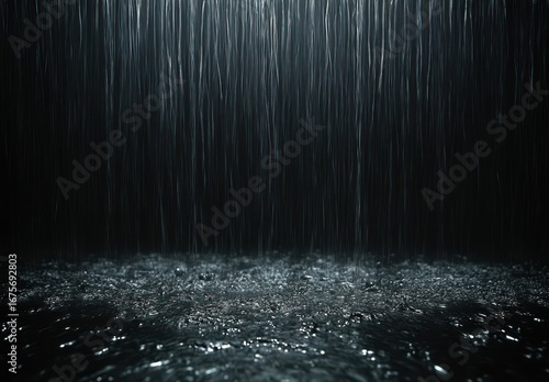 Heavy rainfall captured in low light with water droplets falling and splashing on a reflective wet surface creating a moody and calming atmosphere