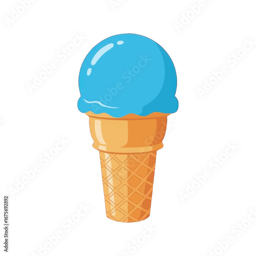 Vibrant blue ice cream scoop in a waffle cone against a black backdrop.