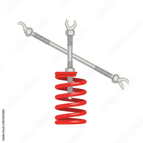 A detailed illustration of a car suspension spring compressor tool, showcasing its components in a simple, clean design.