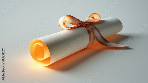 Rolled diploma with ribbon, glowing, studio shot, for academic achievement