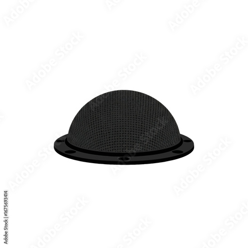 A dark gray, textured sphere with a circular frame is presented against a black backdrop.