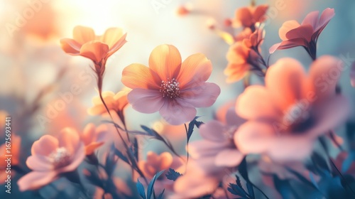 Soft focus flowers in sunlight, bokeh effect, artistic style, springtime scene