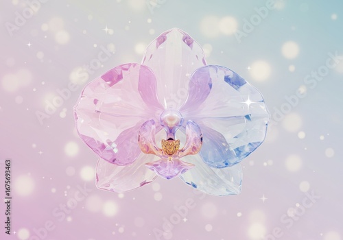 Gemstone orchid blossom with pastel tones, sparkling bokeh background, soft focus and faceted petals