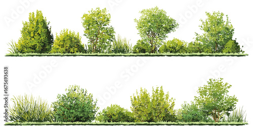 Green Bushes and Trees Vector Set – Realistic Foliage Collection for Landscape Design on White Background
