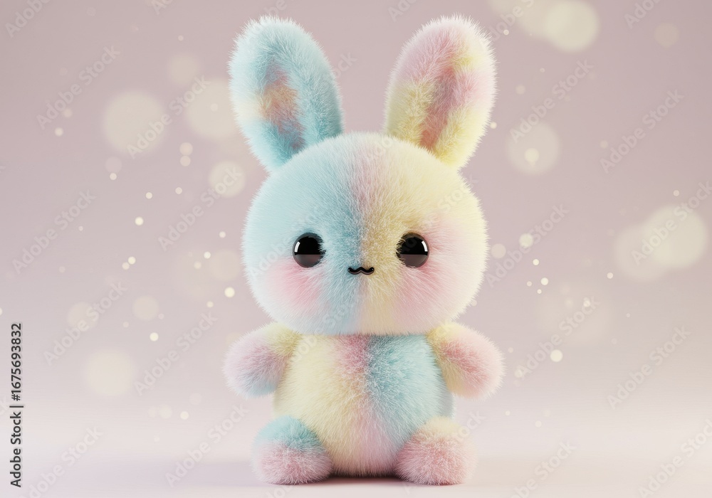 Obraz premium Fuzzy pastel bunny with rosy cheeks, bokeh background. Cute, soft and sweet, it's perfect for springtime decor