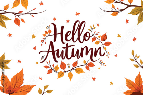 Elegant Hello Autumn Typography with Decorative Leaves and Branches on a Transparent Background for Seasonal Projects