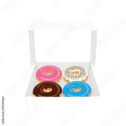 Four glazed donuts in a white cardboard box, showcasing various colorful toppings and delectable designs.