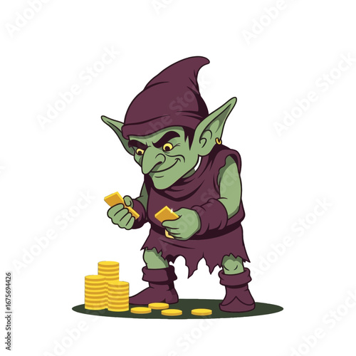 A cartoonish green goblin character, centrally positioned, manipulates golden objects while surrounded by a pile of coins.