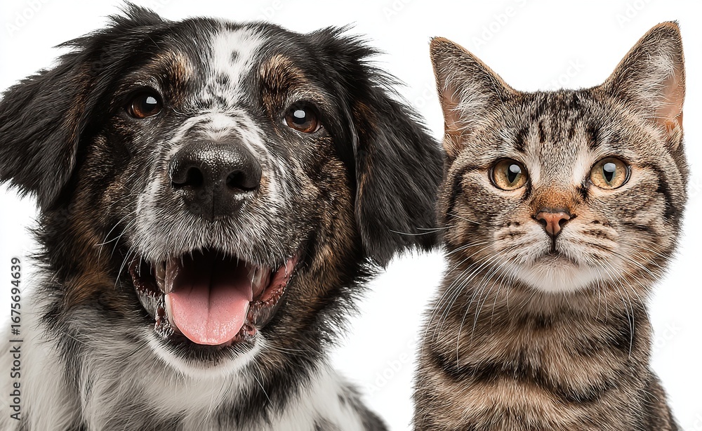 Obraz premium Friendly Dog and Cat Together on White Background