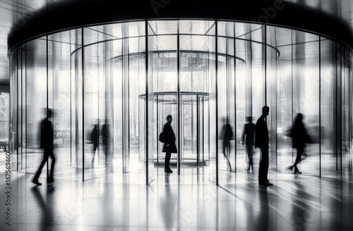 Wallpaper Mural silhouettes of people walking through a large modern revolving glass door with reflections and blurred motion in a bright, spacious lobby Torontodigital.ca