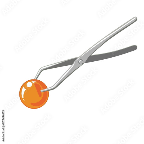 A pair of metallic tweezers delicately holds a vibrant orange sphere against a dark background.