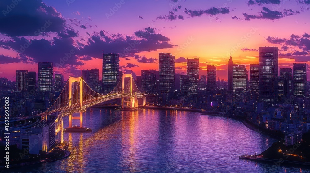 Fototapeta premium Vibrant city skyline at sunset with illuminated suspension bridge over calm water and colorful purple and orange sky