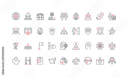 Politics and democracy, politicians and election, equality policy and constitution line icon set. President and government of country, activism thin black and red outline symbols vector illustration
