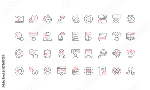 Feedback, customer experience, review and complaint, loyalty or disappointment line icon set. Testimony and best reputation, product approval thin black and red outline symbols vector illustration