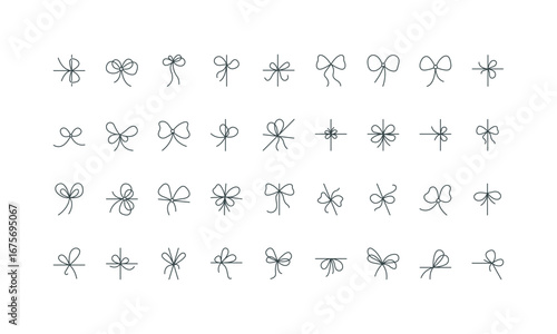 Ribbon bow for gift box, birthday card, present package line icon set. Hand drawing doodle knots type on string in different shape, thin black rope bow in center or corner vector illustration