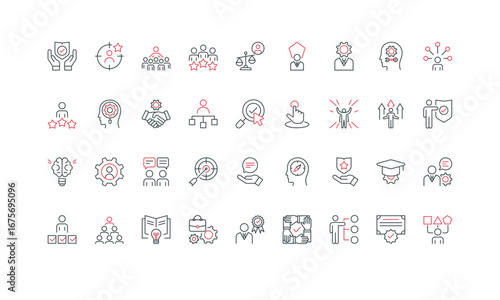Expert, professional skills growth and integrity, leadership line icon set. Trust for opinion leader with reputation, analytical thinking thin black and red outline symbols vector illustration