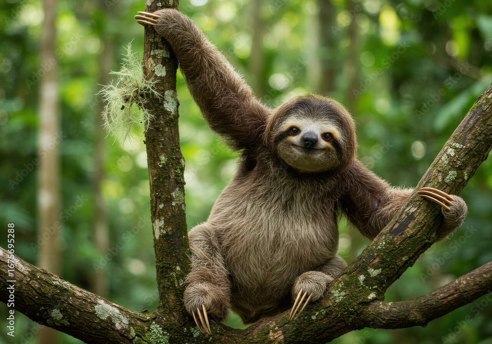 Fototapeta premium Happy sloth hanging on a tree branch in lush forest