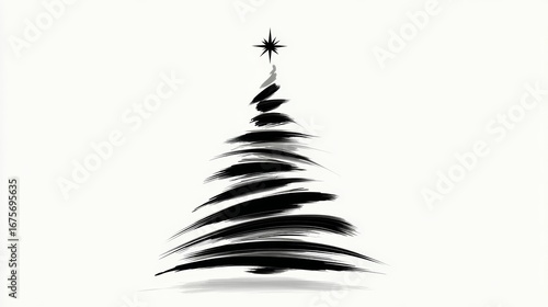 Abstract black and white illustration of a Christmas tree with swirling brush strokes and a star on top, creating a modern festive design suitable for holiday-themed projects and decorations