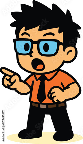 Determined cartoon man in a business shirt and tie, pointing his finger forward, representing instruction, direction, advice, and leadership, isolated on white.