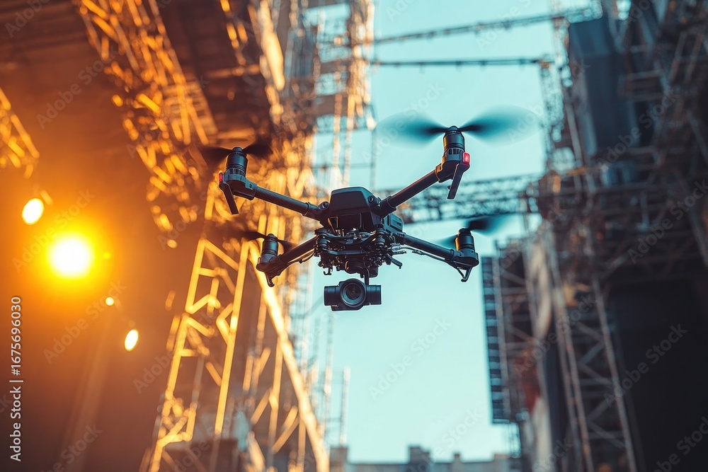 Fototapeta premium Black quadcopter drone with camera hovering in industrial construction site during sunset with warm light and metal scaffolding structures