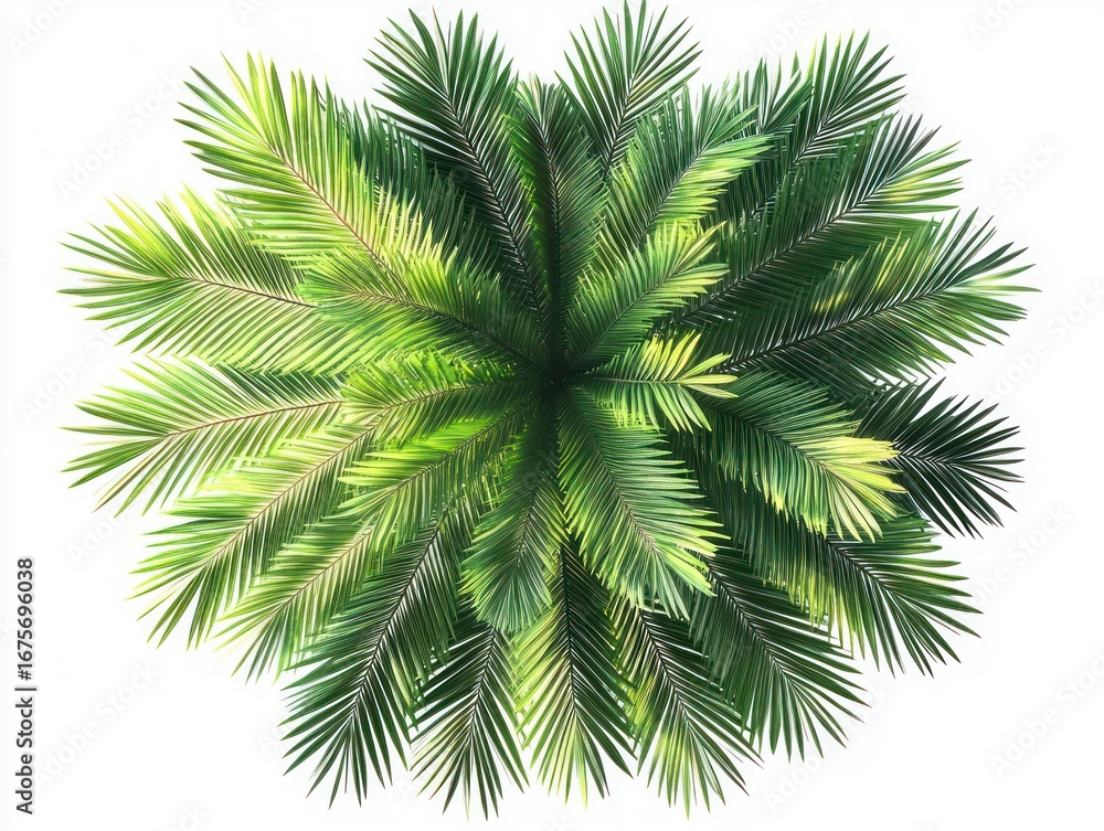 Fototapeta premium Top-down view of a lush green palm tree with vibrant, dense fronds radiating outward in varying shades of green