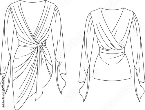 Flat sketch of draped wrap blouse with tie knot detail, long sleeves, front and back view, fashion CAD vector illustration