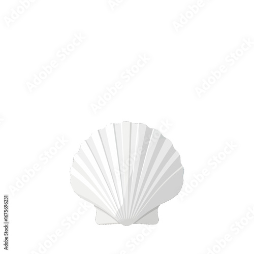 A simple, elegant illustration of a scallop shell, presented in a single, bright white tone against a stark black backdrop.